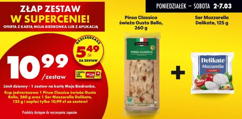 Zestaw: pinsa Classica świeża 260 g + ser Mozzarella 125 g promocja w Biedronka