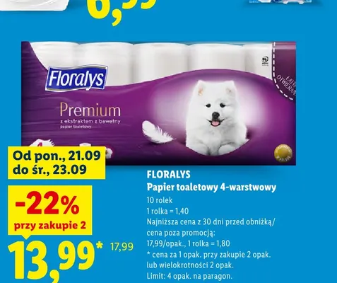 Papier toaletowy Floralys Premium 4-warstwowy 10-pak promocja w Lidl