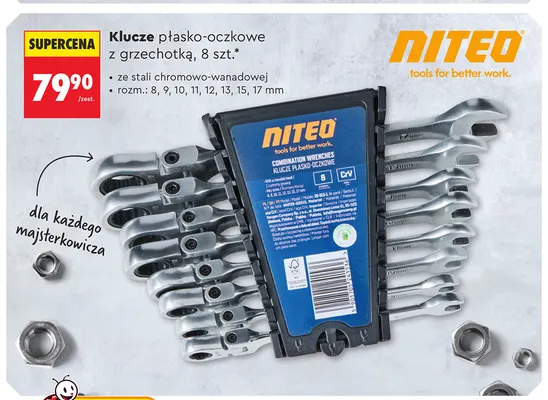 Klucze płasko-oczkowe z grzechotką 8 szt. Niteo promocja w Biedronka