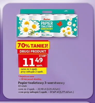 Papier toaletowy Auchan rumiankowy 3-warstwowy 10-pak promocja w Auchan
