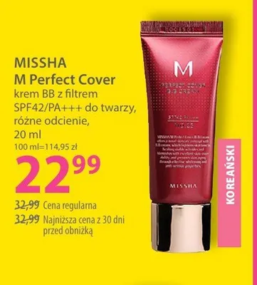 Krem BB z filtrem SPF42/PA+++ do twarzy MISSHA M Perfect Cover promocja w Hebe