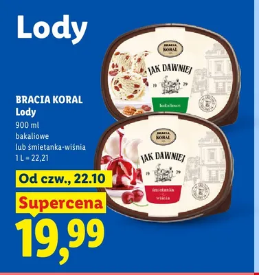 Lody śmietanka-wiśnia Bracia Koral Jak Dawniej promocja w Lidl