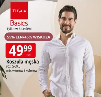 Koszula męska Tissaia Basics 55% len/45% wiskoza roz. S-3XL mix wzorów i kolorów promocja w Leclerc