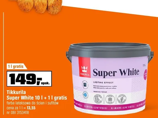 Farba lateksowa Tikkurila Super White 10 l + 1 l gratis promocja w OBI
