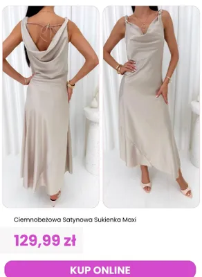 Sukienka satynowa maxi ModnaKiecka.pl ciemnobeżowa promocja w Modna Kiecka