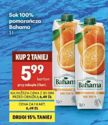 Sok 100% pomarańcza Bahama promocja w Delikatesy Centrum
