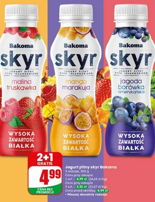 Jogurt pitny skyr malina truskawka Bakoma promocja w Dino