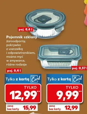 Pojemnik szklany żaroodporny, pokrywka z uszczelką i odpowietrznikiem, można myć w zmywarce, różne rodzaje poj. 0.37l promocja w Kaufland