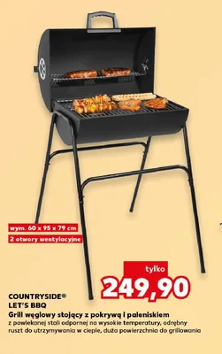 Grill węglowy stojący z pokrywą i paleniskiem COUNTRYSIDE LET'S BBQ 60x95x79cm promocja w Kaufland