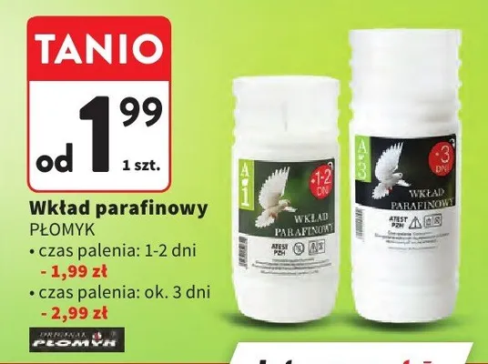 Wkład parafinowy Płomyk czas palenia 1-2 dni promocja w Intermarche