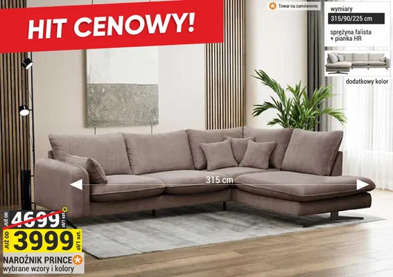 Narożnik PRINCE wybrane wzory i kolory 315/90/225cm promocja w Merkury Market