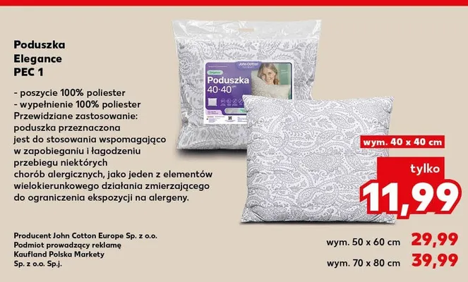 Poduszka Elegance PEC 1 wym. 70x80cm John Cotton promocja w Kaufland
