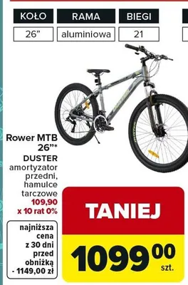 Rower MTB 26" Duster amortyzator przedni, hamulce tarczowe V-brake promocja w Carrefour