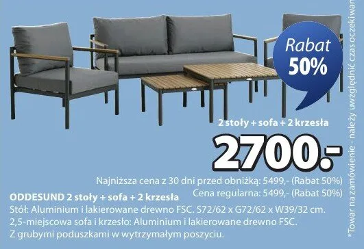 2 stoły + sofa + 2 krzesła Oddesund promocja w Jysk