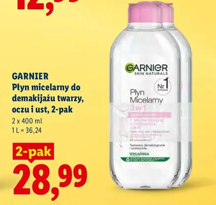 Płyn micelarny do demakijażu twarzy, oczu i ust, 2x400 ml Garnier promocja w Lidl
