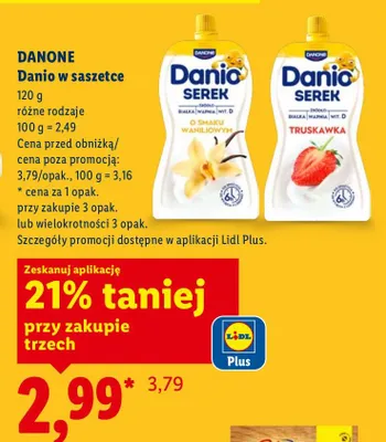 Jogurt Danio w saszetce różne rodzaje promocja w Lidl