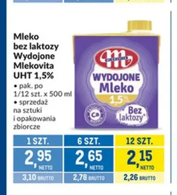 Mleko UHT bez laktozy Wydojone Mlekovita 1,5% promocja w Makro