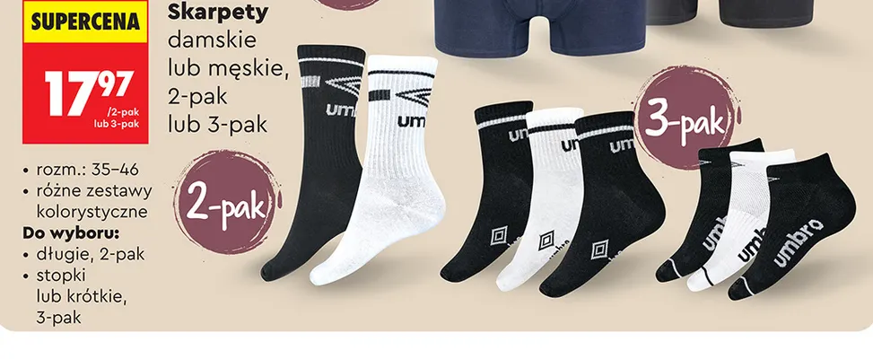 Skarpety męskie krótkie 3-pak Umbro promocja w Biedronka