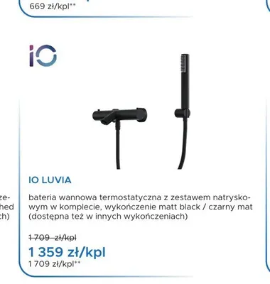 Bateria wannowa termostatyczna Io Luvia matt black czarny mat promocja w Blu Salony Łazienek