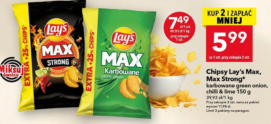 Chipsy Lay's Max, Max Strong, karbowane green onion, chilli & lime promocja w LEWIATAN