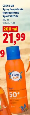 Spray do opalania transparentny Sport Cien Sun SPF 50+ promocja w Lidl
