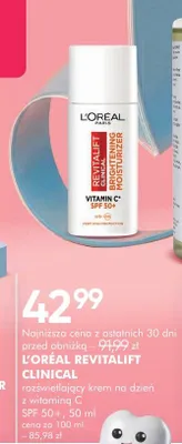 Krem na dzień rozświetlający L'Oreal Revitalift Clinical promocja w Super-Pharm