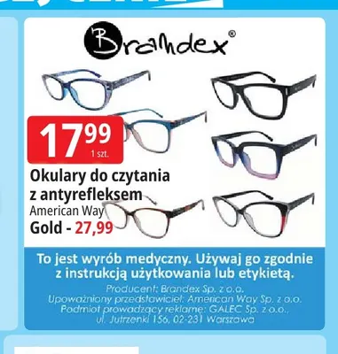 Okulary do czytania z antyrefleksem Gold Brandex promocja w Leclerc