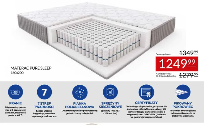 Materac Pure Sleep 160x200 promocja w Abra Meble