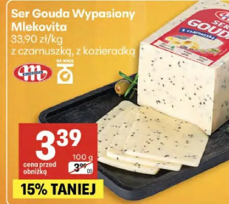 Ser Gouda Wypasiony Mlekovita z czarnuszką, z kozieradką promocja w Delikatesy Centrum