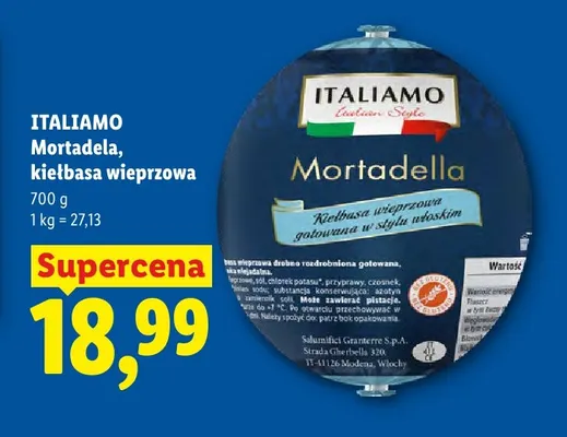 Mortadela kiełbasa wieprzowa Italiamo promocja w Lidl