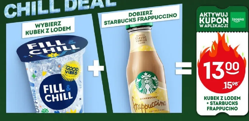 Zestaw Chill Deal: Kubek z lodem Fill & Chill 130 g + Napój kawowy Starbucks Frappuccino Classic Vanilla 250 ml promocja w Żabka