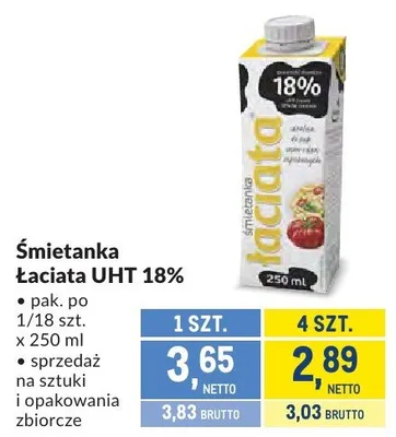 Śmietanka Łaciate UHT 18% promocja w Makro