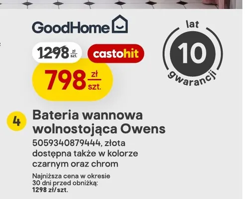 Bateria wannowa wolnostojąca GoodHome Owens złota promocja w Castorama