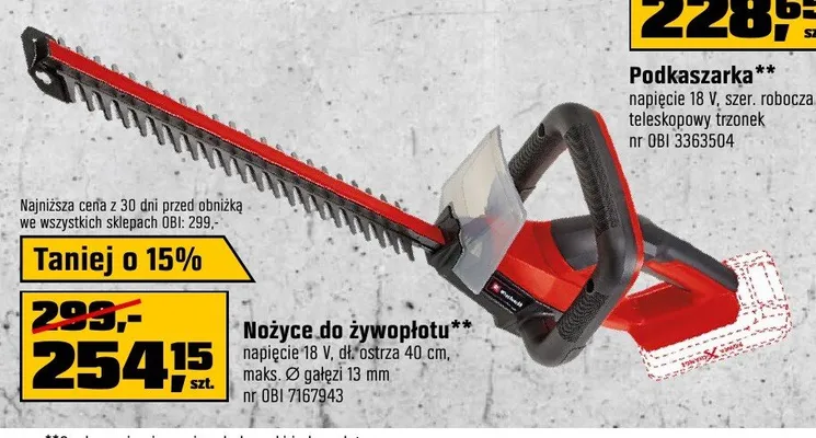 Nożyce do żywopłotu Einhell napięcie 18V, dł. ostrza 40cm, maks. Ø gałęzi 13mm promocja w OBI