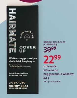 Włókna do zagęszczania włosów Hairmate Cover Up 2.0 Bardzo Ciemny Brąz promocja w Rossmann