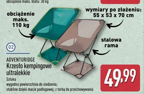 Krzesło kempingowe ultralekkie ADVENTURIDGE promocja w Aldi