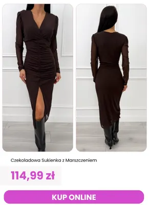 Czekoladowa sukienka z marszczeniem promocja w Modna Kiecka