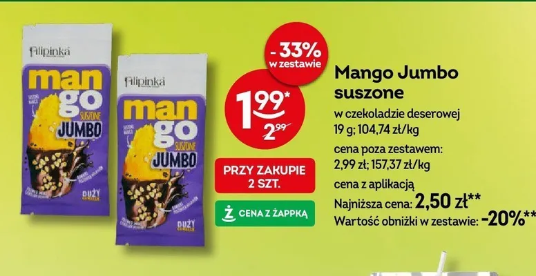 Mango Jumbo suszone w czekoladzie deserowej Filipinka promocja w Żabka