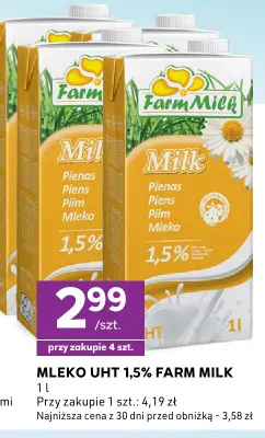 Mleko UHT Farm Milk 1,5% promocja w Stokrotka