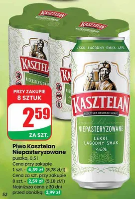 Piwo Kasztelan Niepasteryzowane promocja w Dino