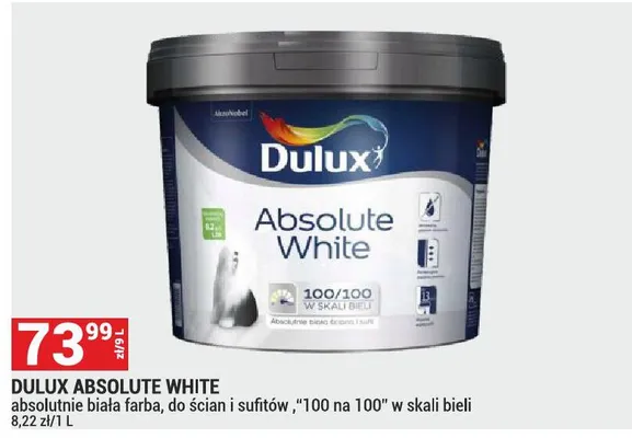 Farba Dulux Absolute White absolutnie biała farba, do ścian i sufitów, "100 na 100" w skali bieli promocja w Merkury Market