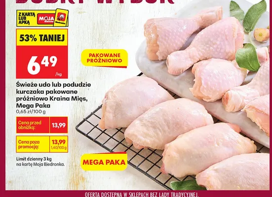 Świeże udo lub podudzie kurczaka pakowane próżniowo MEGA PAKA promocja w Biedronka