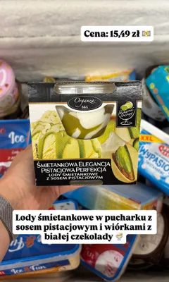 Lody śmietankowe w pucharku Organza B&G z sosem pistacjowym promocja w Dino
