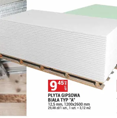 Płyta gipsowa biała typ A 12,5mm 1200x2600mm promocja w Merkury Market