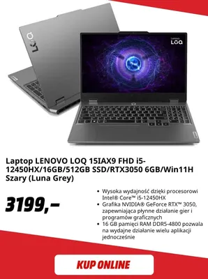 Laptop Lenovo Loq 15IAX9 Fhd i5-12450HX/16GB/512GB SSD/RTX3050 6GB/Win11H szary (Luna Grey) promocja w Media Markt