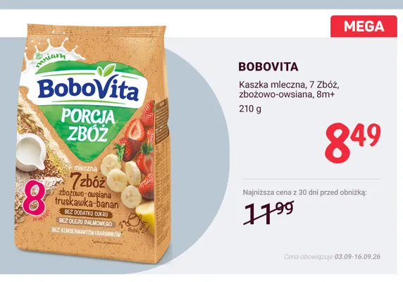 Kaszka mleczna 7 zbóż zbożowo-owsiana 8 m+ BoboVita promocja w Rossmann