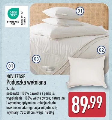 Poduszka wełniana Novitesse 70x80 cm promocja w Aldi