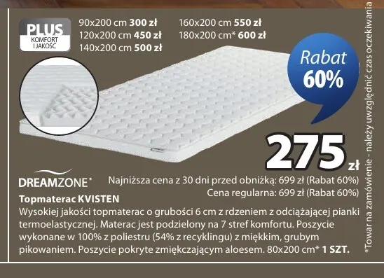 Topmaterac Kvisten 90x200 cm Dreamzone promocja w Jysk