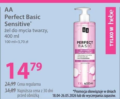 Żel do mycia twarzy AA Perfect Basic Sensitive promocja w Hebe