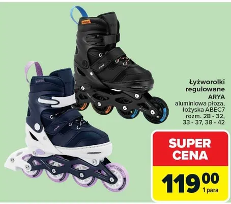 Łyżworolki regulowane Arya aluminiowa płoza łożyska ABEC7 rozm. 33-37 promocja w Carrefour
